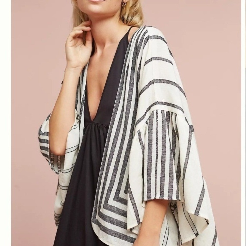 Anthropologie Black and White Striped Open-Front Sweater